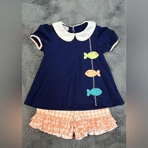 Marie Nicole Navy Top with Fish Appliqué and Peach Gingham Ruffle Shorts